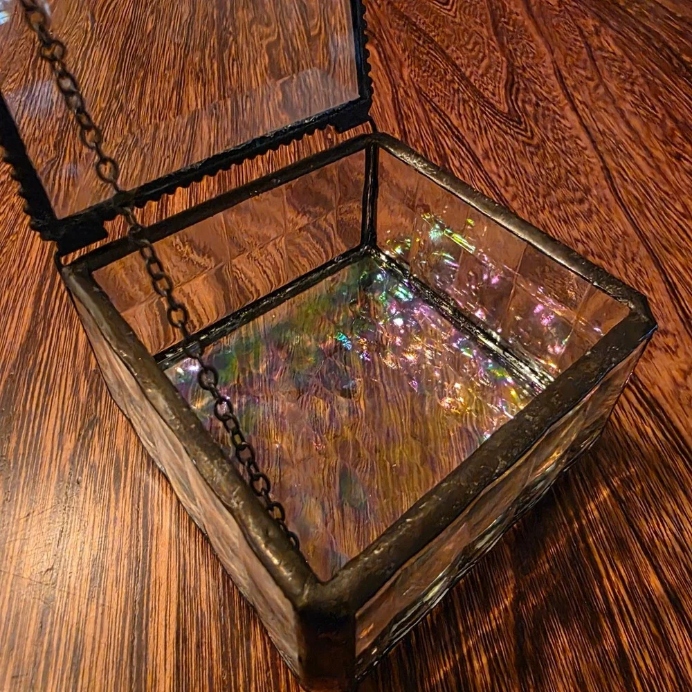 Vintage Iridescent Stained Glass Jewelry Box Beveled Clear Trinket Box Lidded